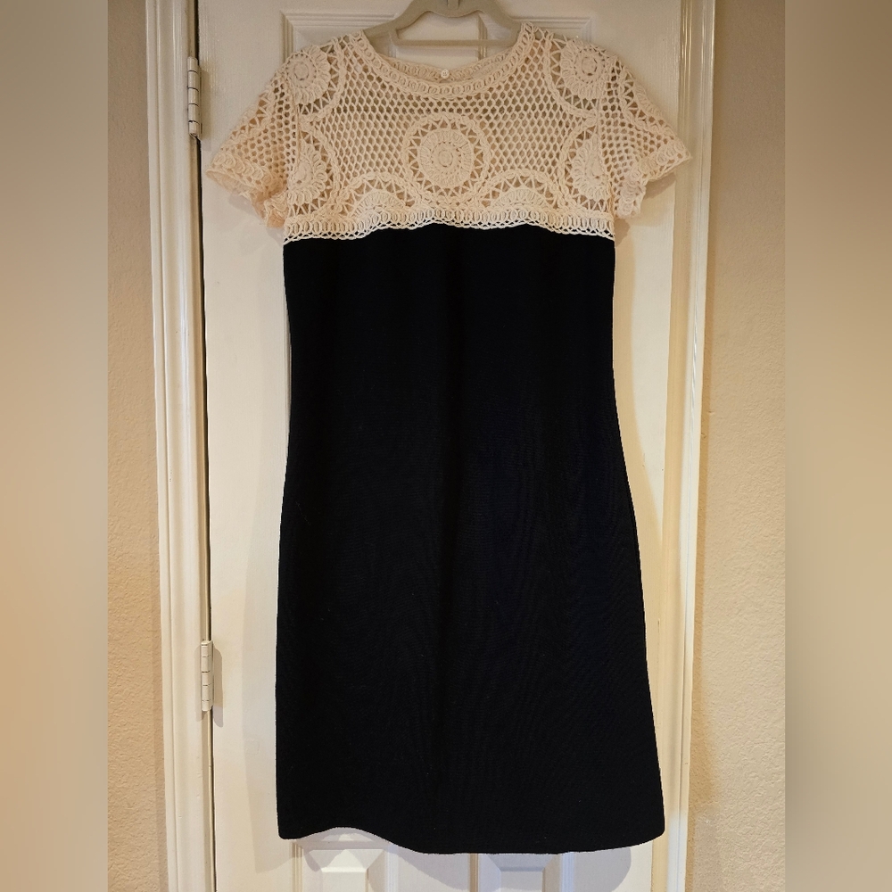 Valentino Garavani black wool and ivory crochet dress